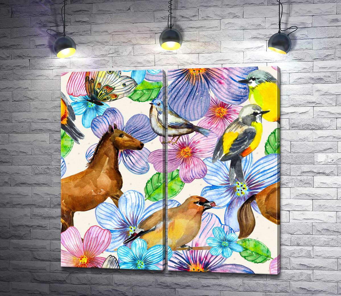 модульная картина Акварельный узор из лошадей, птиц и цветов
