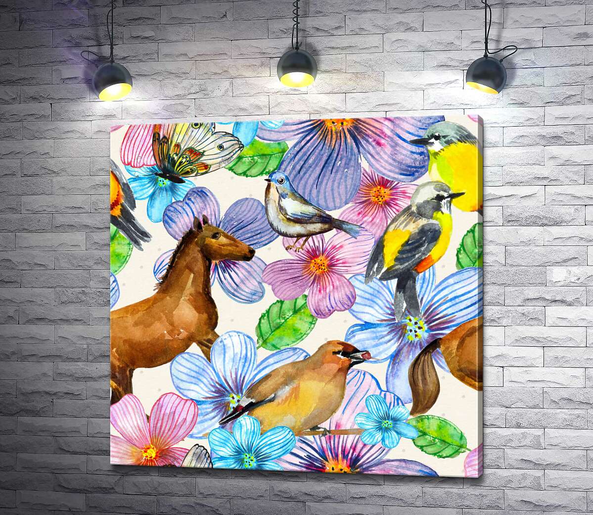 картина Акварельний візерунок з коней, пташок та квітів