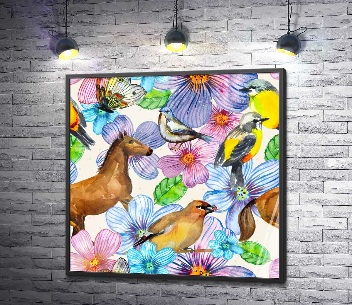 постер Акварельный узор из лошадей, птиц и цветов