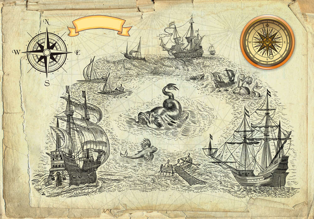 картина-постер Старинный пергамент с изображением кораблей и морского чудовища