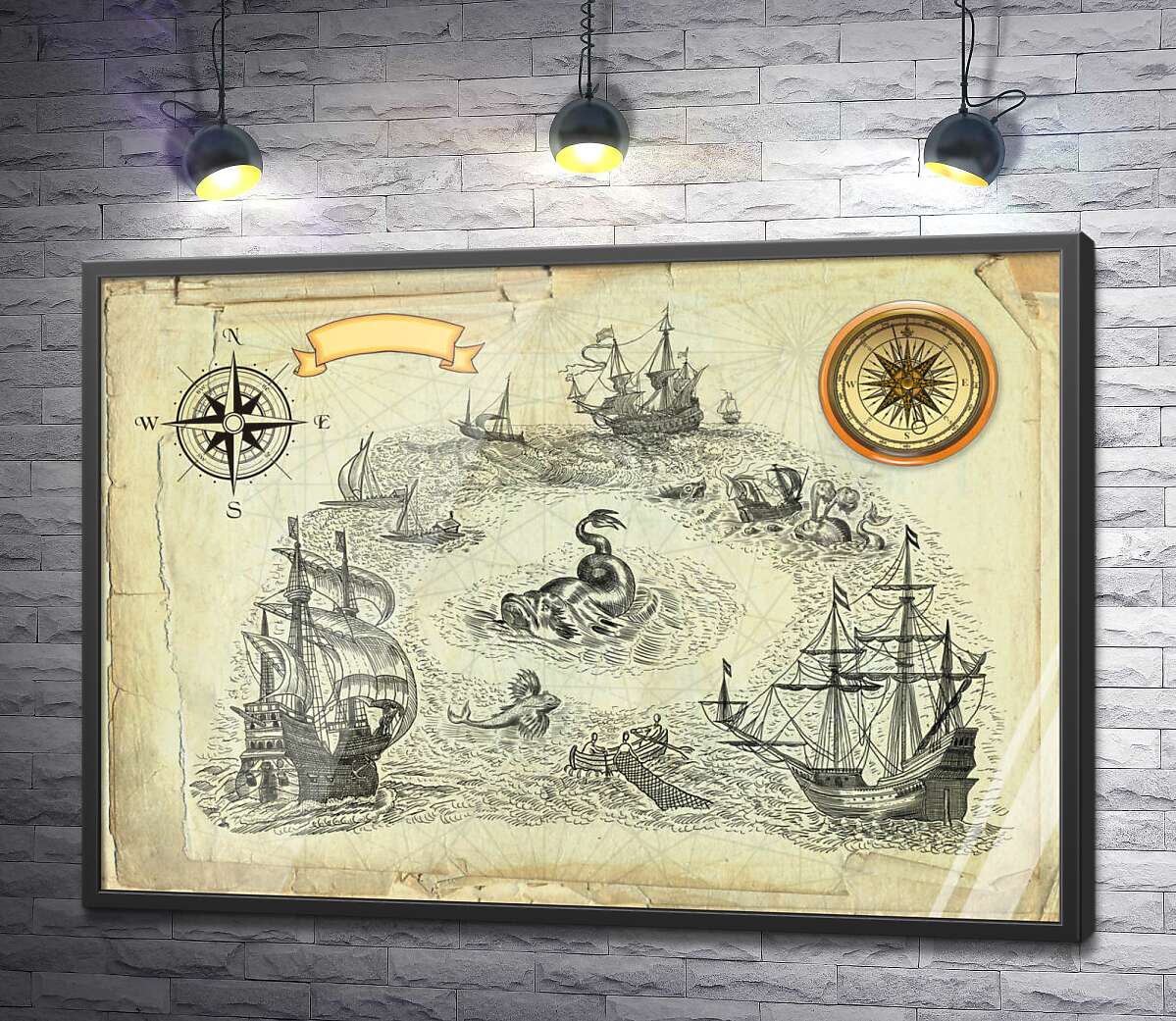 постер Старовинний пергамент із зображенням кораблів та морського чудовиська