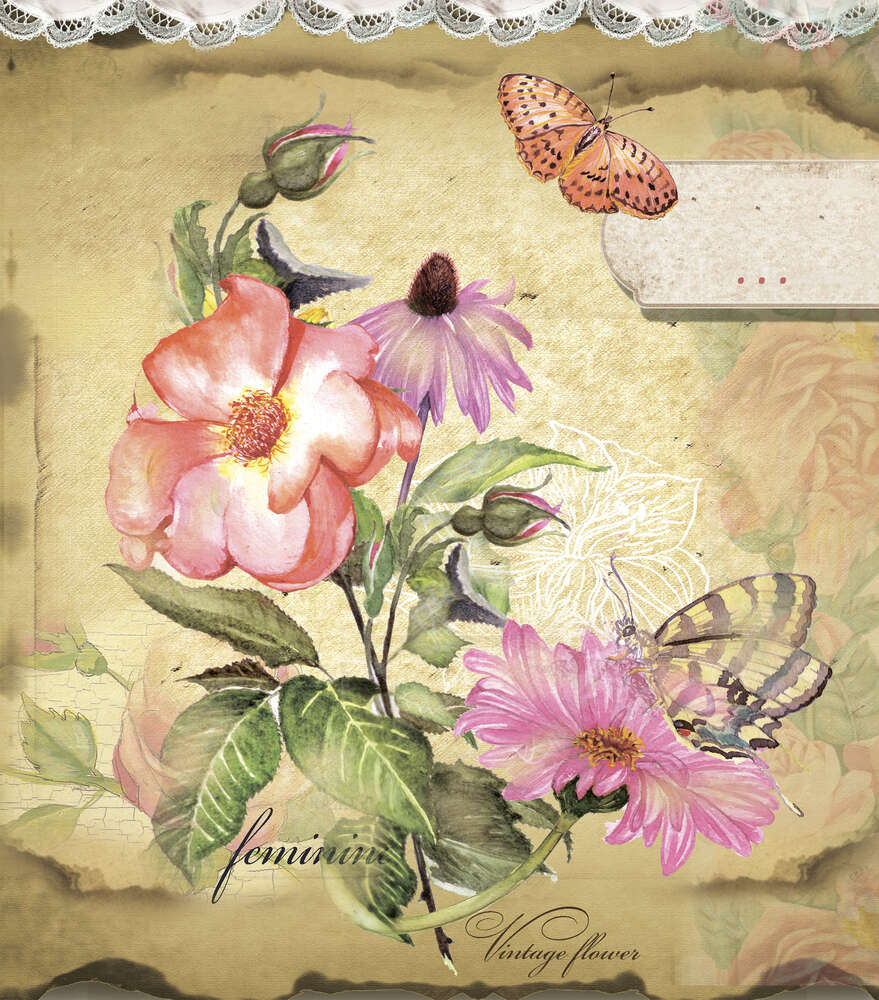 картина-постер Вінтажний букет шипшини, ехінацеї та айстри із метеликами