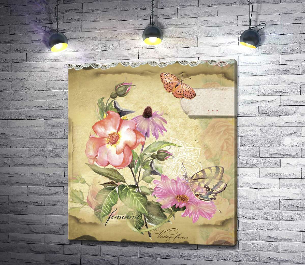 картина Винтажный букет шиповника, эхинацеи и астры с бабочками