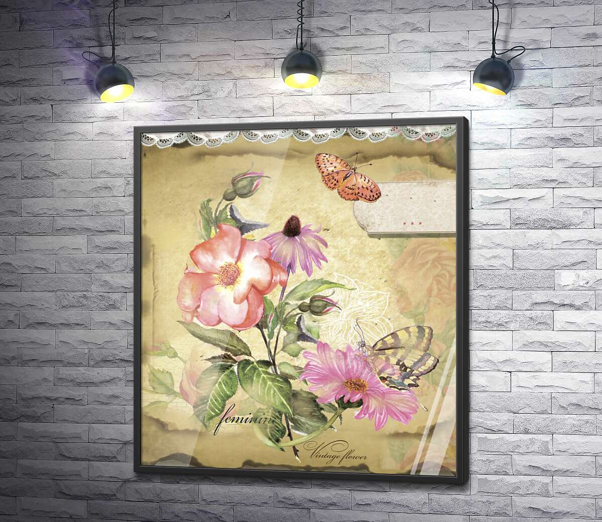 постер Винтажный букет шиповника, эхинацеи и астры с бабочками
