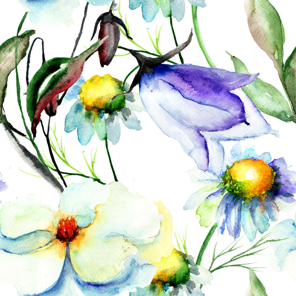 картина-постер Ромашки и колокольчики в легком узоре полевых цветов