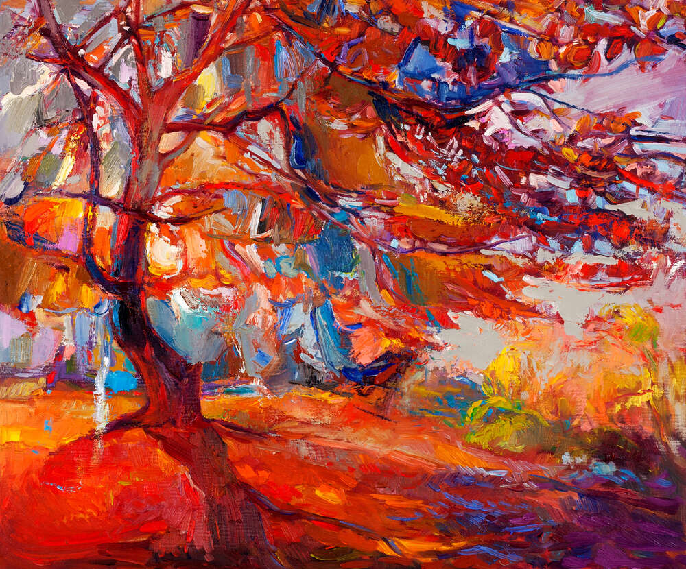 картина-постер Осенние красные листья падают с дерева