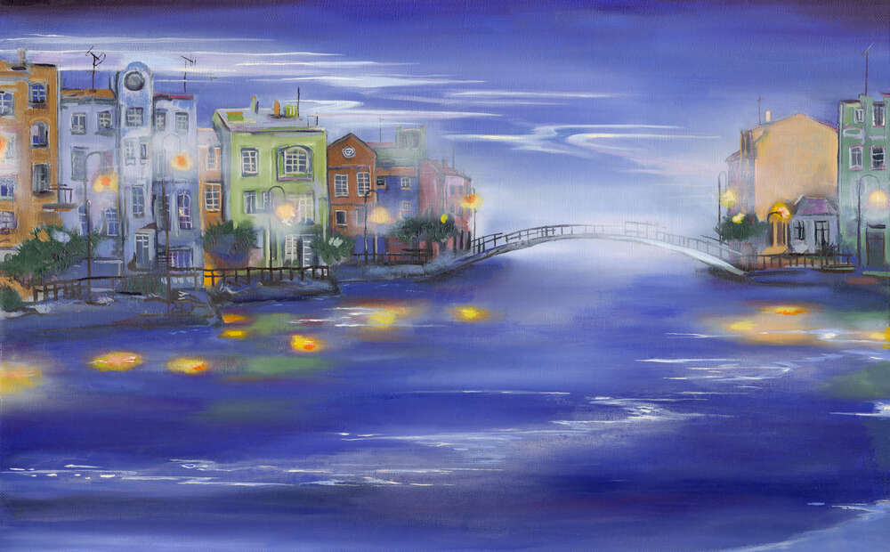 картина-постер Легкий туман підіймається над річкою і покриває нічні будинки