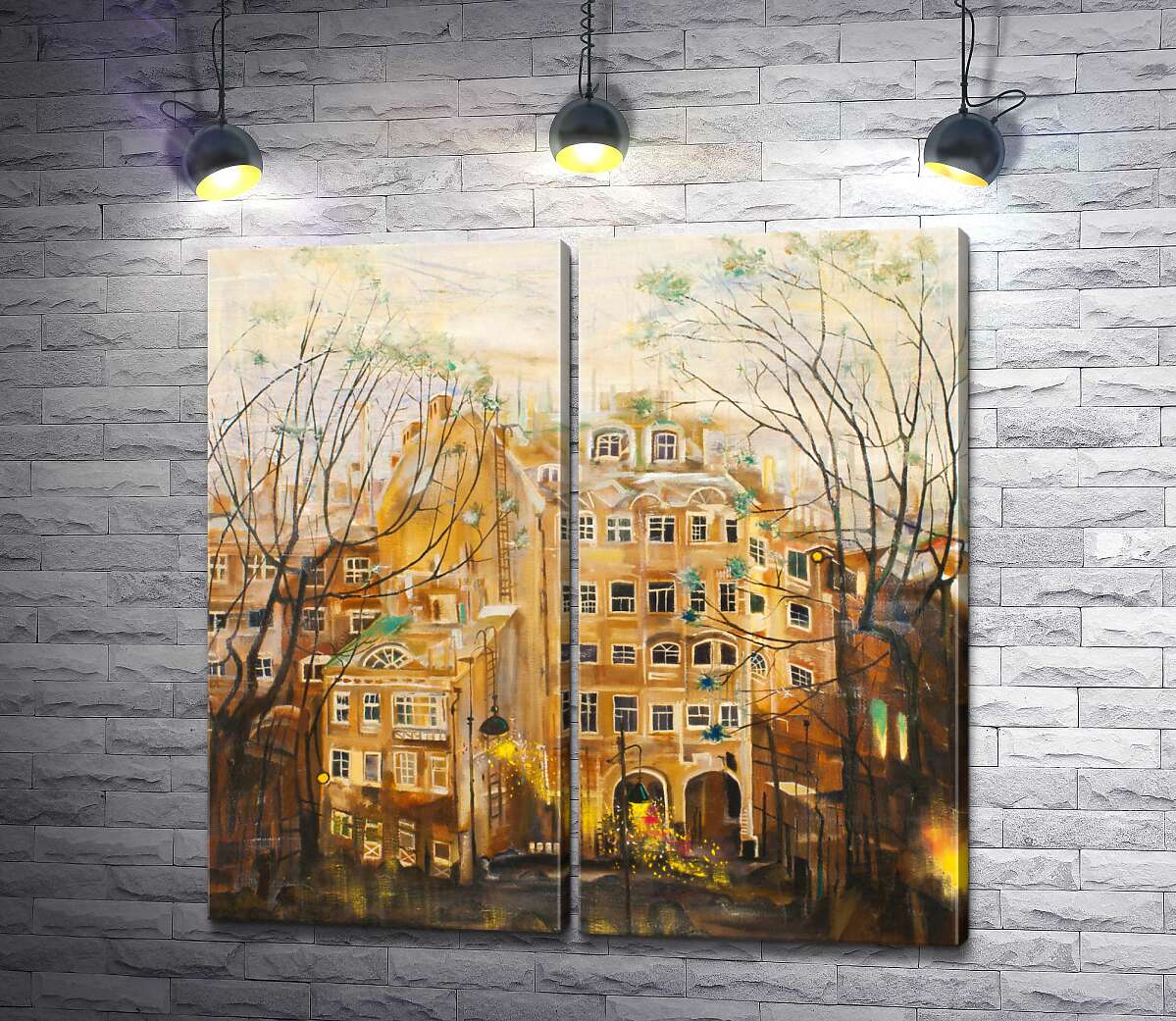 модульная картина Старые фонари рассеивают свет на промокший двор дома
