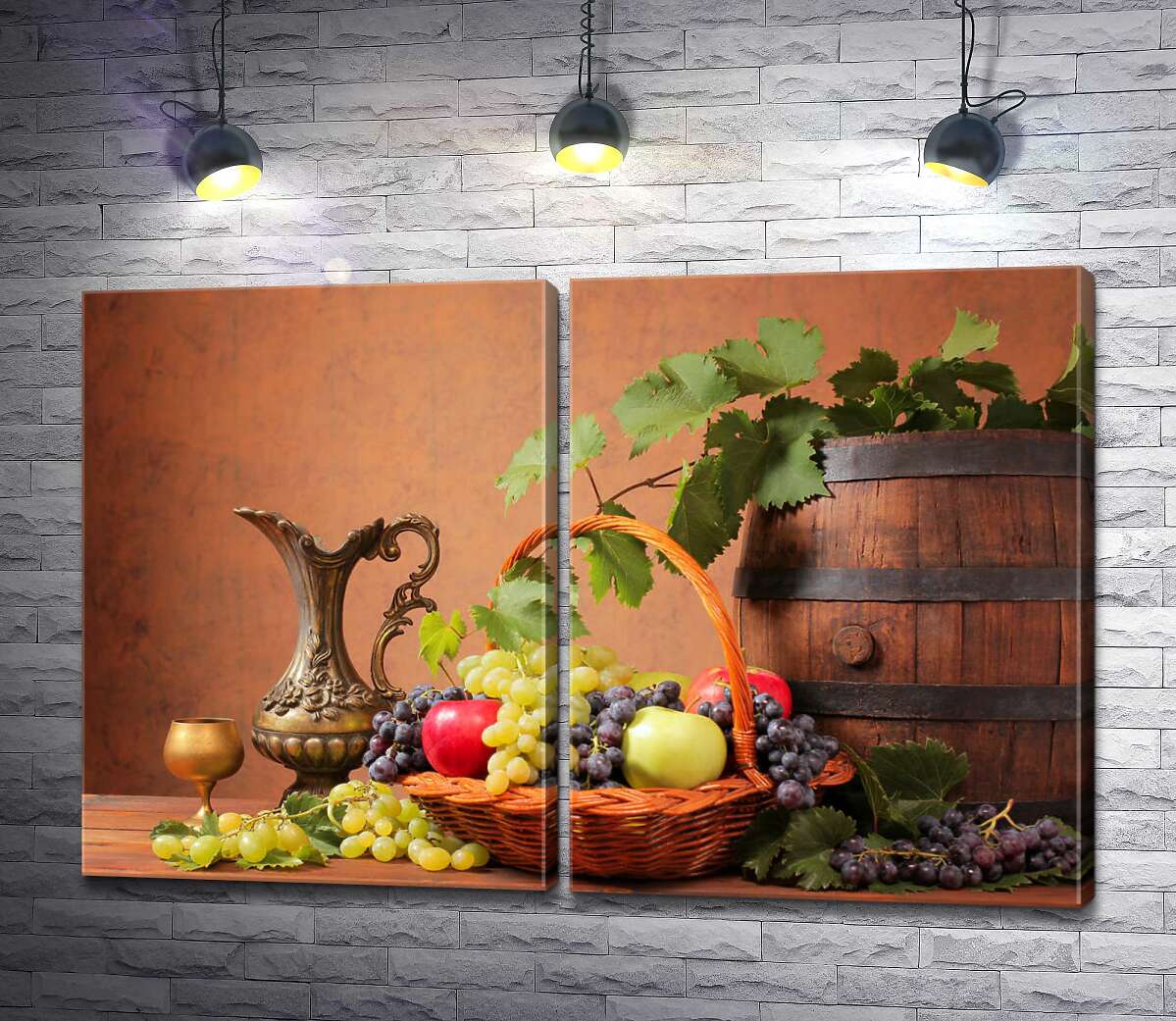 модульная картина Наполненная яблоками и виноградом корзина в окружении бочки и кувшина