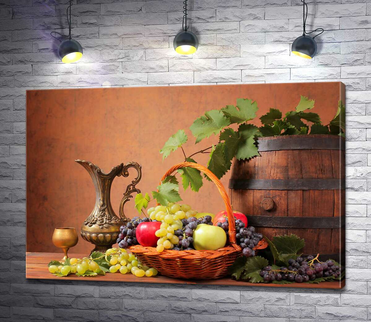 картина Наполненная яблоками и виноградом корзина в окружении бочки и кувшина