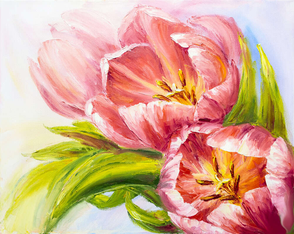 картина-постер Рожеві пелюстки оберігають золоті серединки весняних тюльпанів