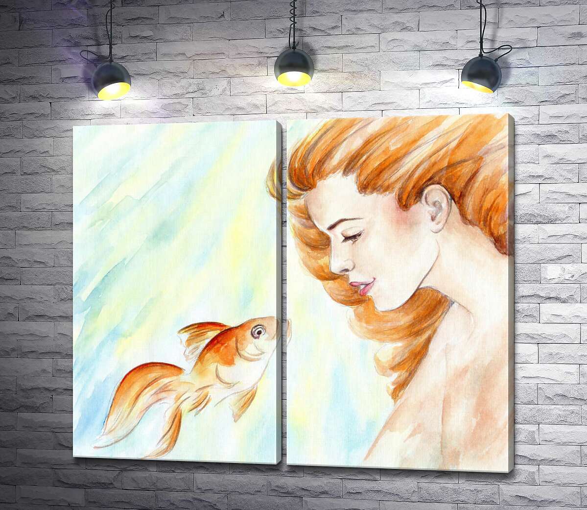 модульная картина Встреча золотоволосой красавицы и рыбки