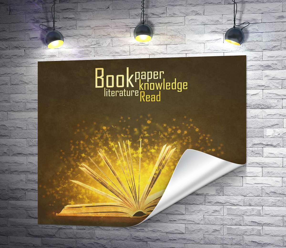 печать Золотые искры знаний летают между страницами книги
