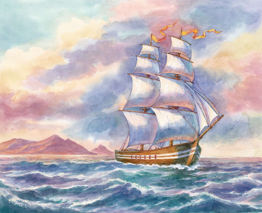 картина-постер Белые паруса корабля ведут его в открытое море