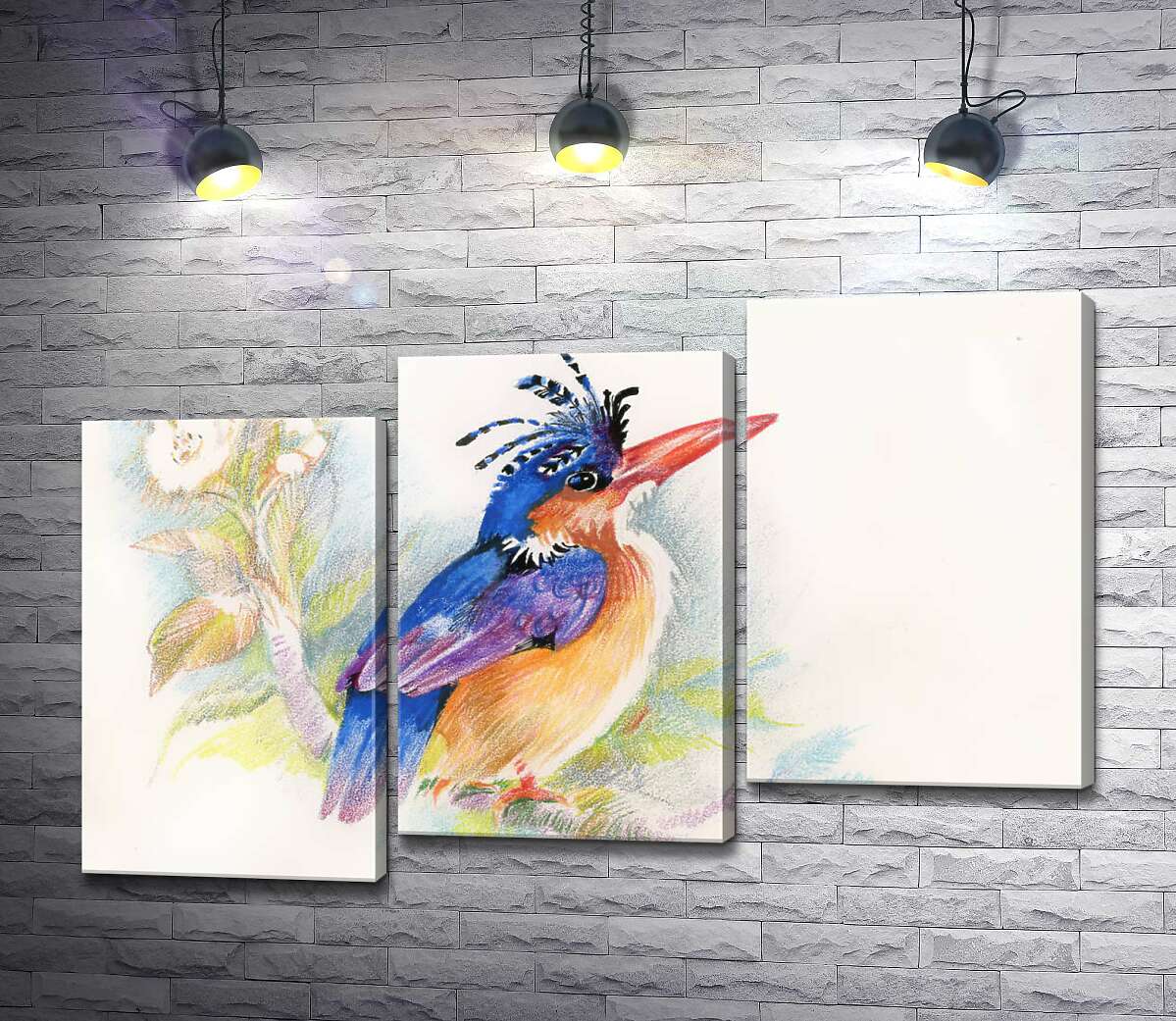 модульна картина Синій птах рибалочка сидить на квітучій гілці (Модуль №14)