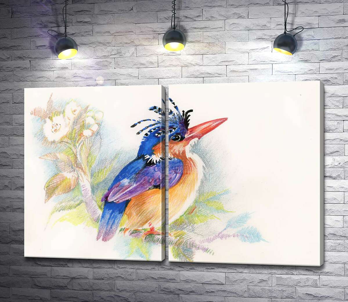 модульная картина Синяя птица зимородок сидит на цветущей ветке