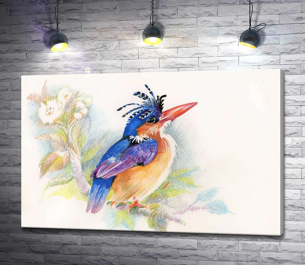 картина Синяя птица зимородок сидит на цветущей ветке