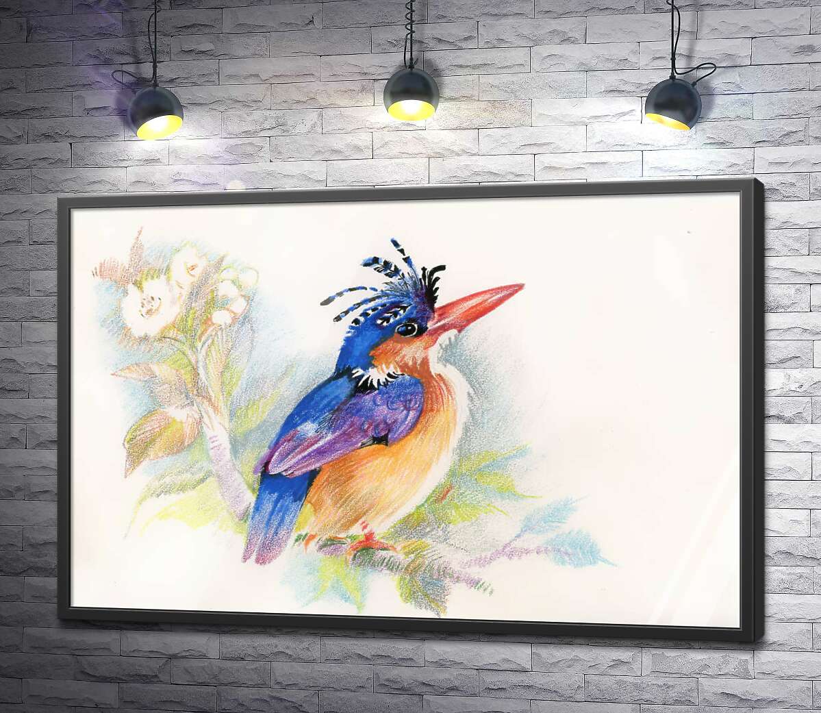 постер Синій птах рибалочка сидить на квітучій гілці
