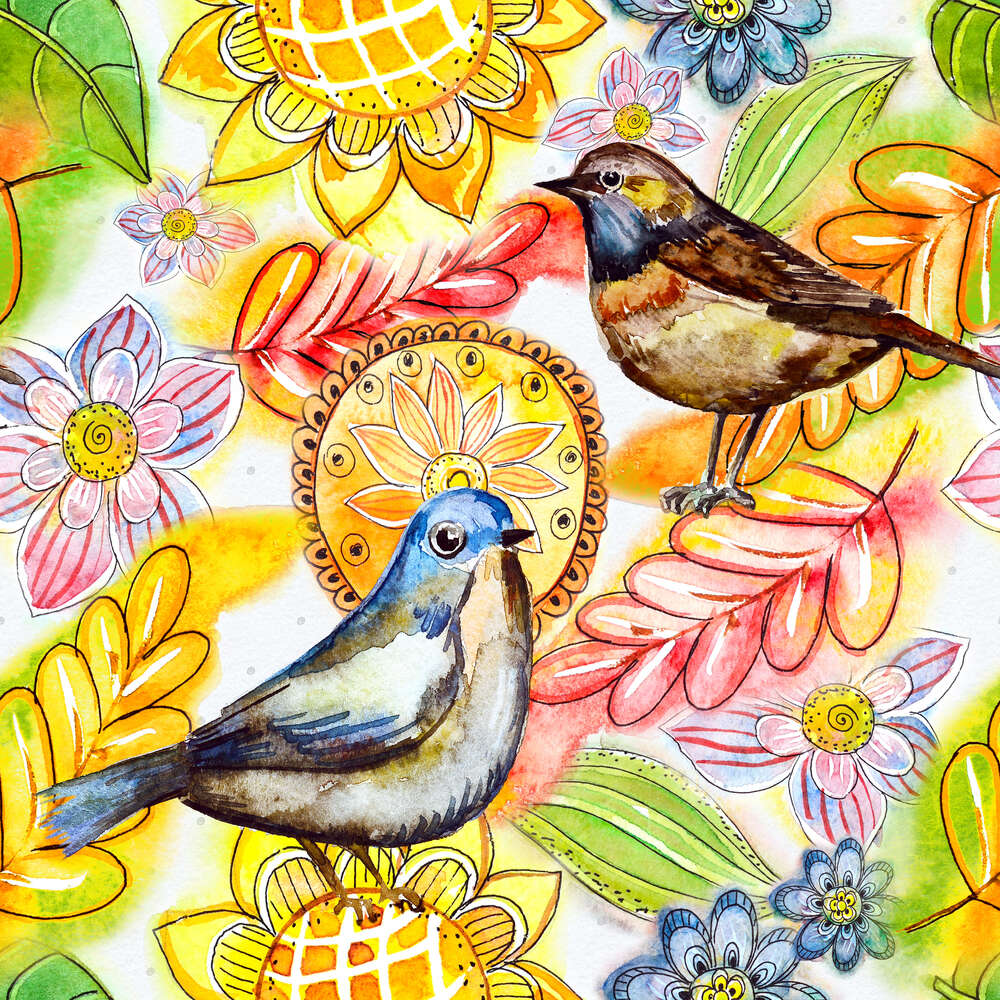 картина-постер Яскравий орнамент поєднує квіти, птахів та осіннє листя