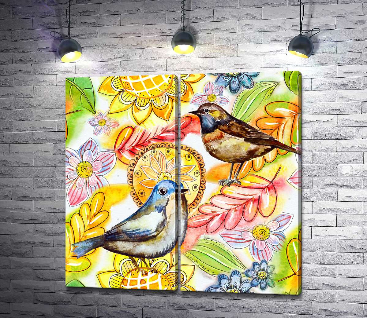 модульна картина Яскравий орнамент поєднує квіти, птахів та осіннє листя
