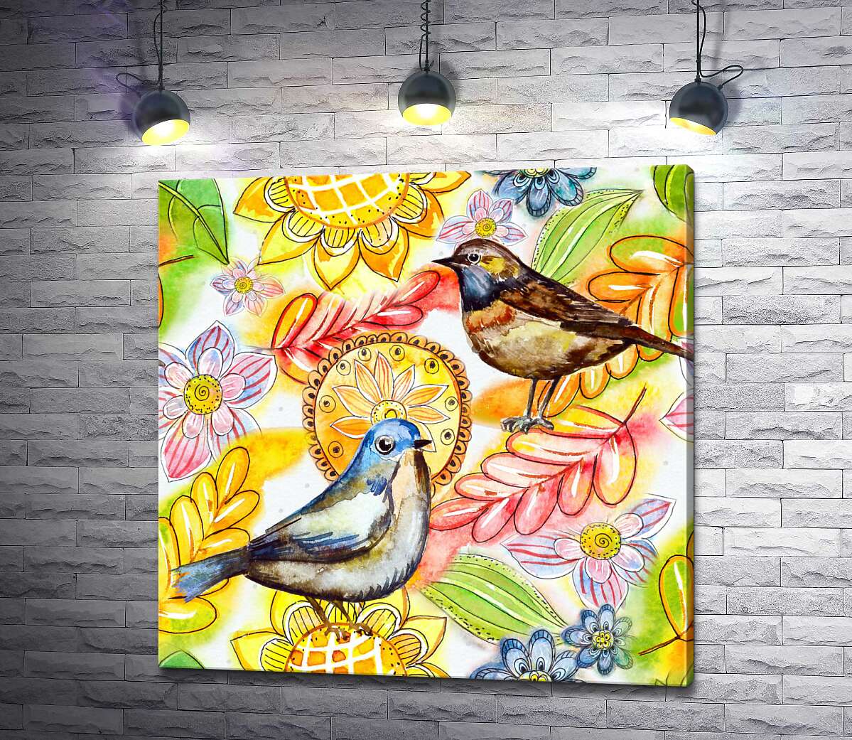 картина Яркий орнамент объединяет цветы, птицы и осенние листья