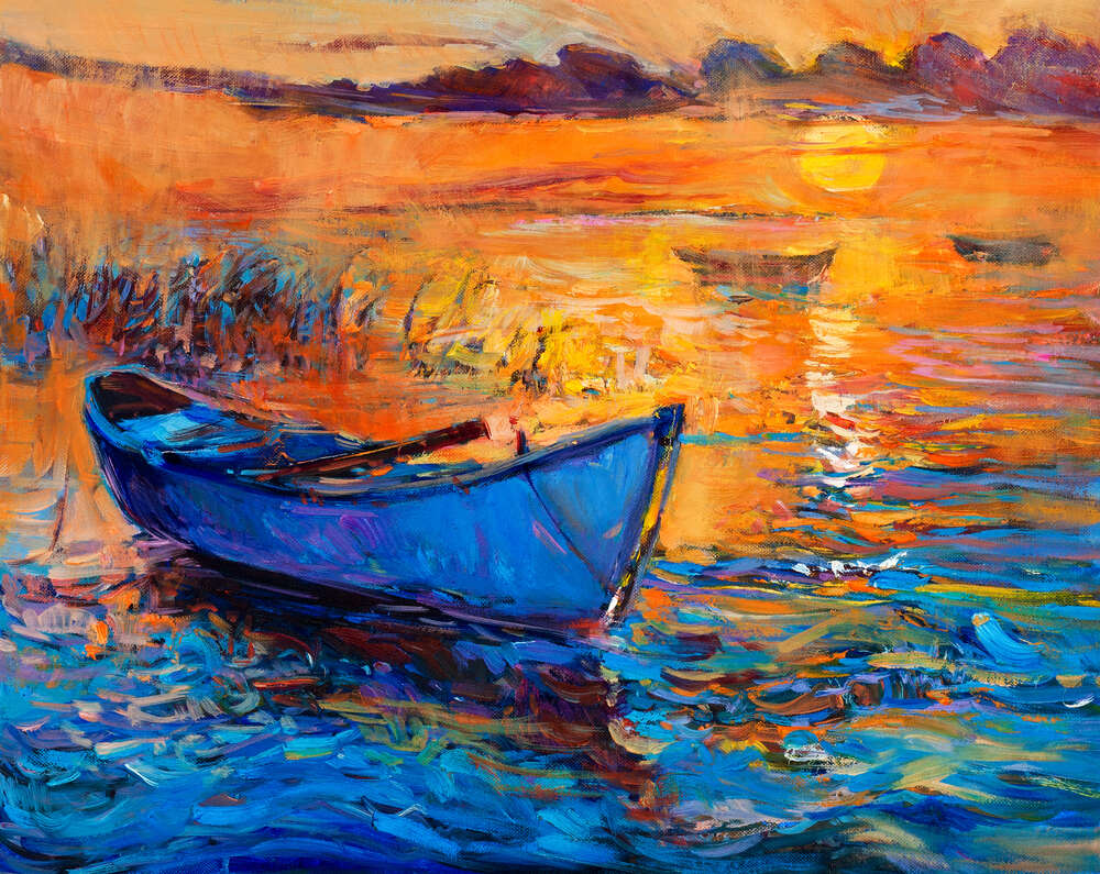 картина-постер Вечернее солнце освещает голубой силуэт лодки на воде