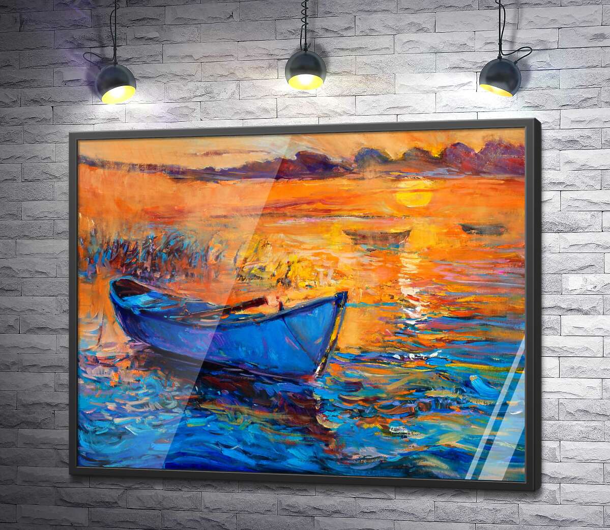 постер Вечернее солнце освещает голубой силуэт лодки на воде