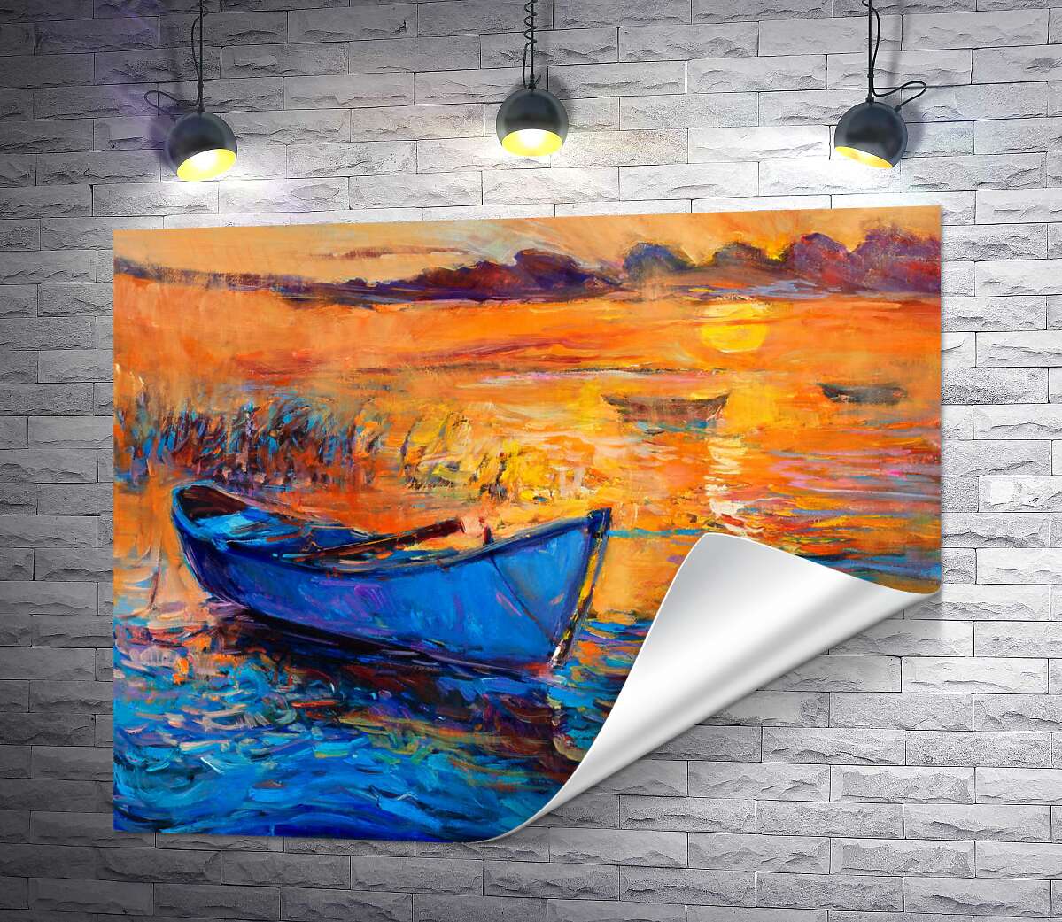 печать Вечернее солнце освещает голубой силуэт лодки на воде