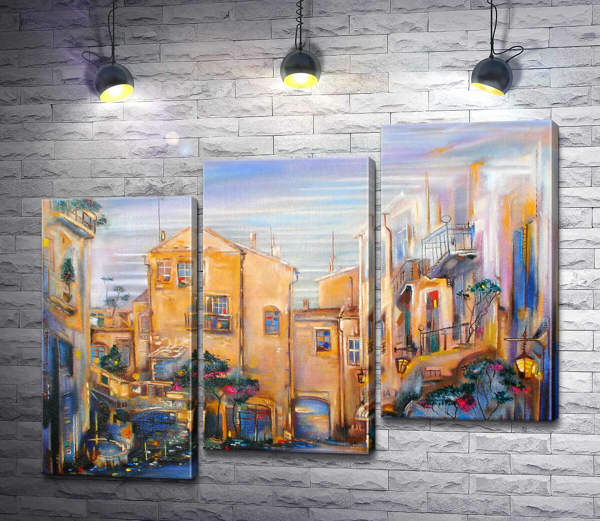 модульная картина Фонари излучают желтый свет, создавая уют на цветущей улице (Модуль №14)