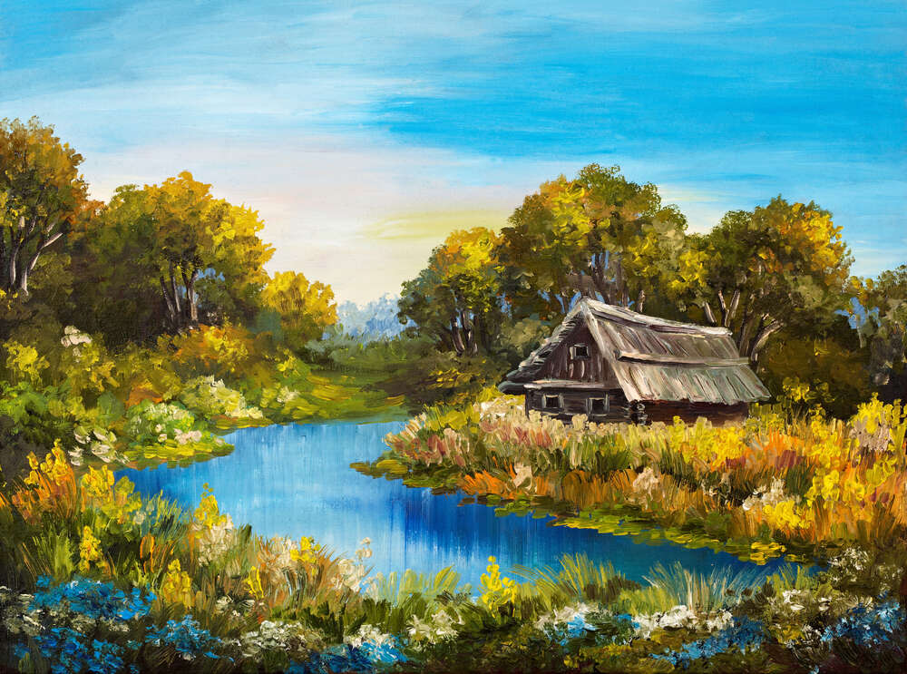 картина-постер Изумрудная вода реки омывает цветущий остров с деревянным домом