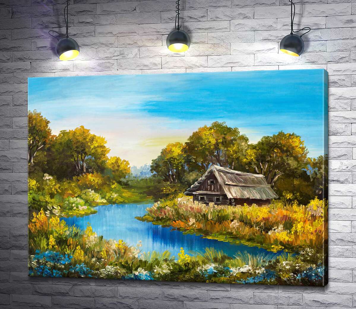 картина Изумрудная вода реки омывает цветущий остров с деревянным домом
