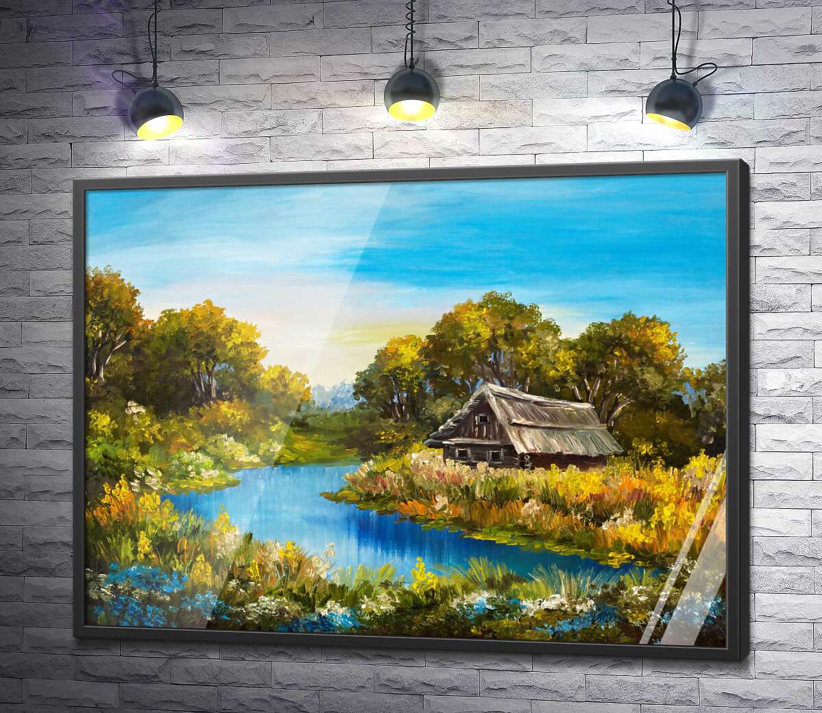 постер Изумрудная вода реки омывает цветущий остров с деревянным домом