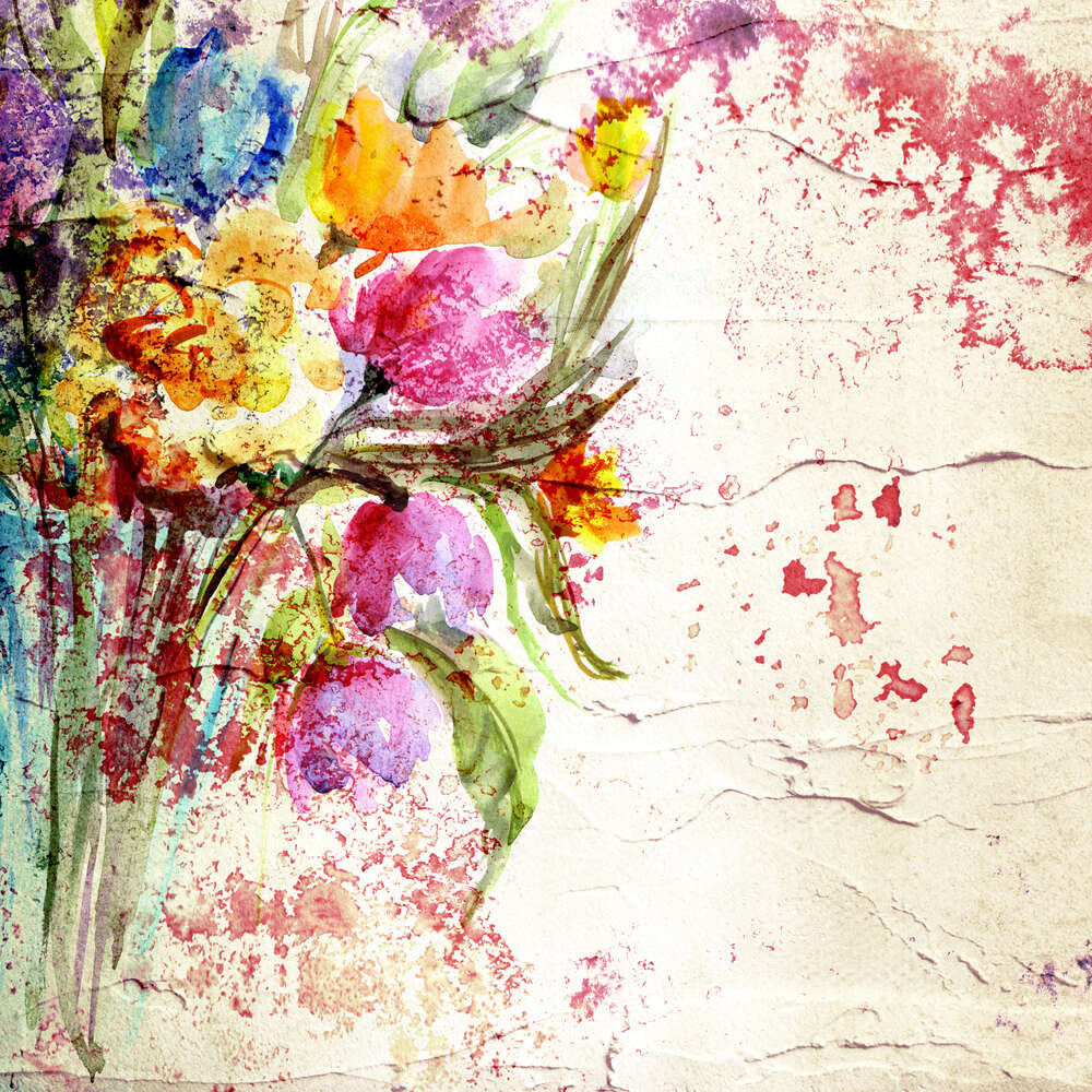 картина-постер Свежий букет весенних цветов, изображенный на стене