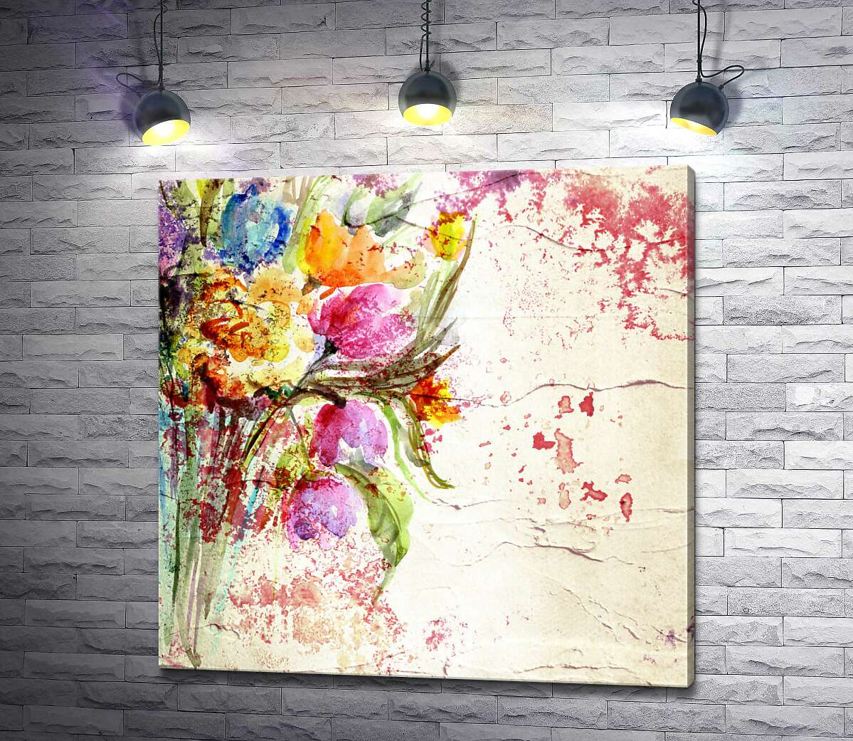 картина Свежий букет весенних цветов, изображенный на стене