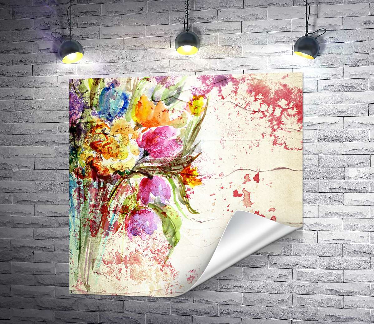 печать Свежий букет весенних цветов, изображенный на стене