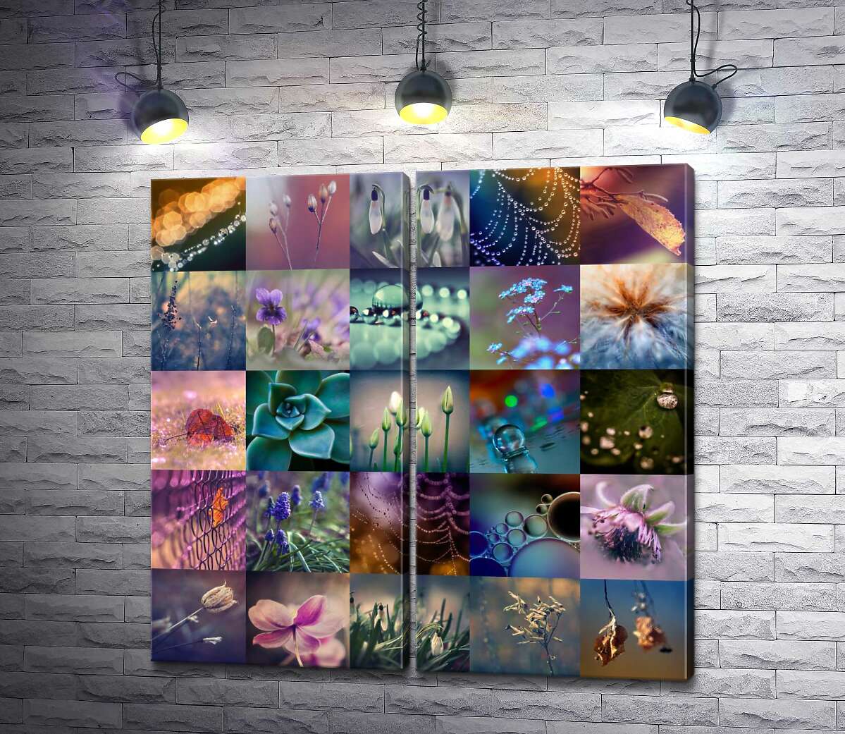 модульна картина Дивовижне поєднання краси квітів та роси у фіолетово-блакитних тонах