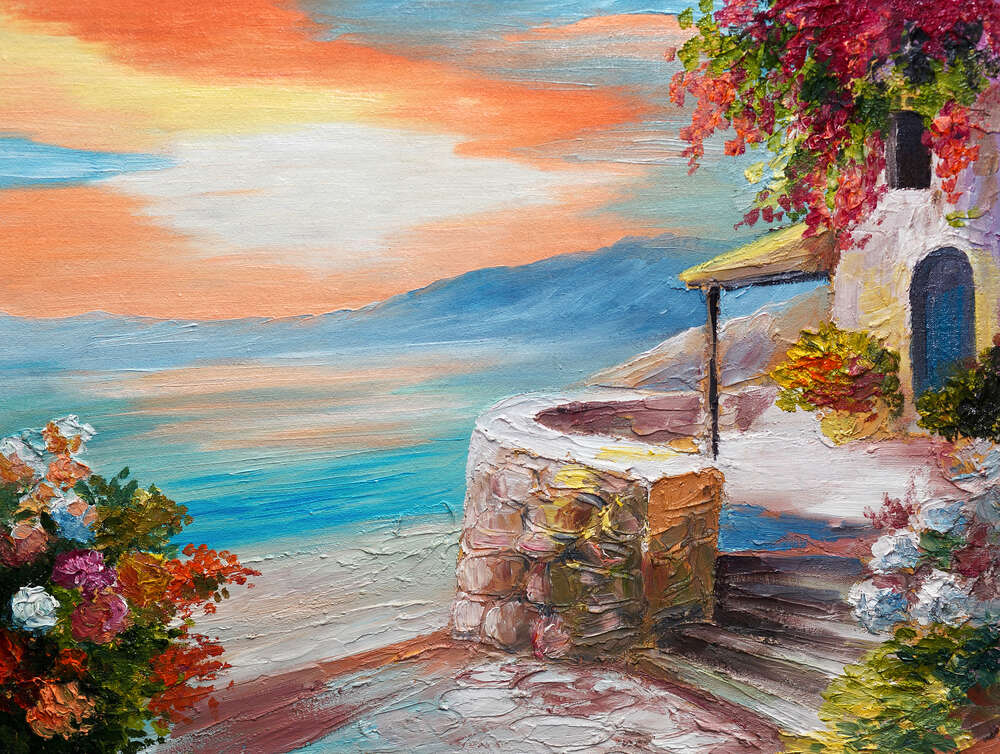 картина-постер Каменная лестница ведет от уютного дома к теплому пляжу