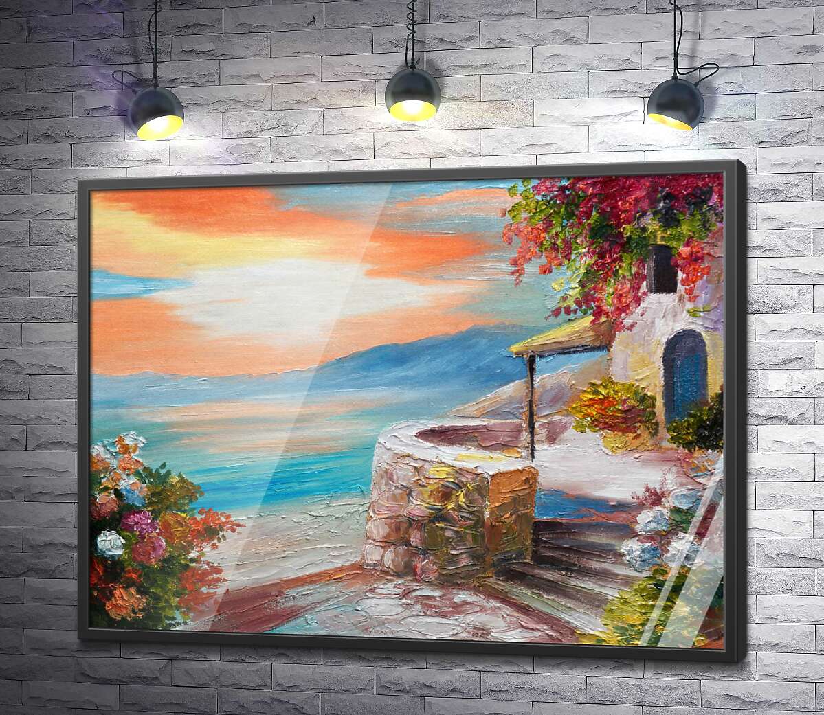 постер Каменная лестница ведет от уютного дома к теплому пляжу