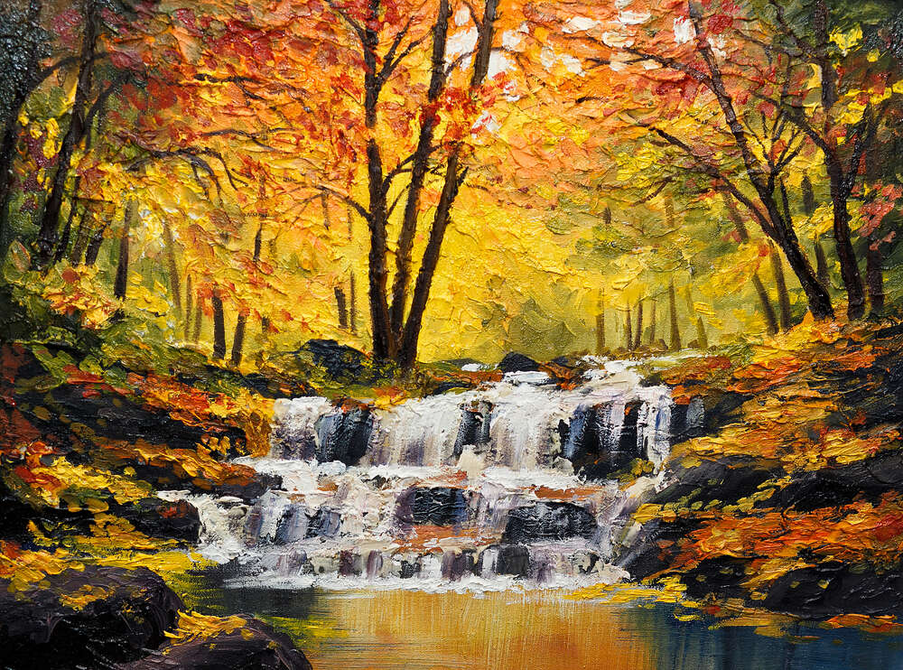 картина-постер Золотая осень украсила маленький водопад