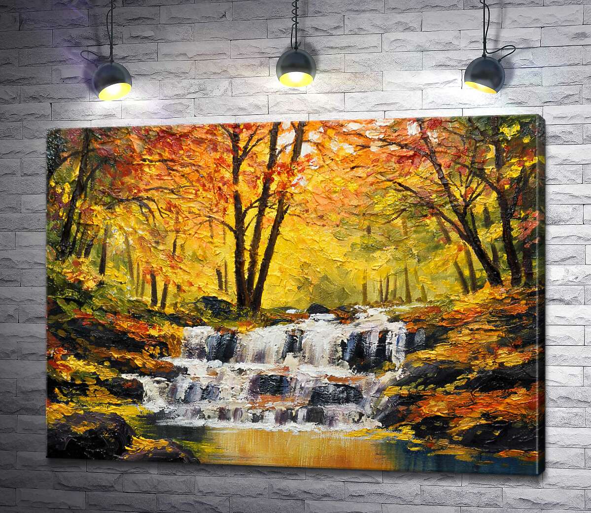 картина Золотая осень украсила маленький водопад