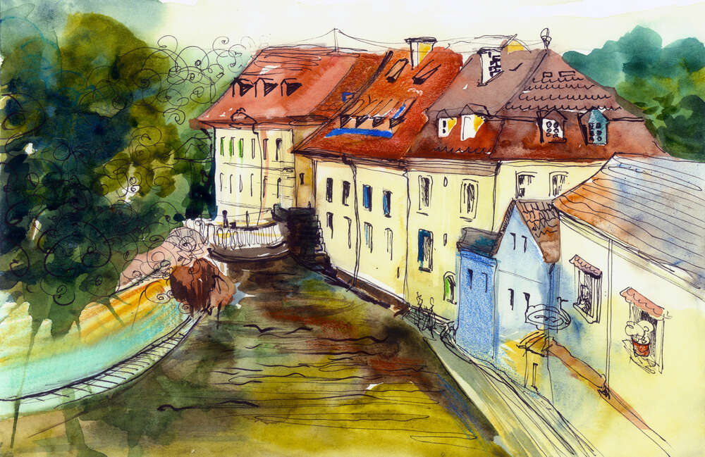 картина-постер Красота старинных домов на берегу реки