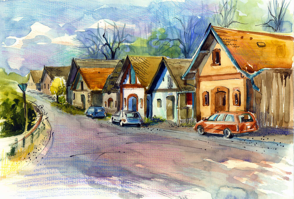 картина-постер Рівний ряд маленьких будинків вздовж сільської дороги