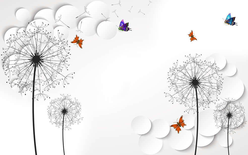 картина-постер Цветные бабочки летят к прозрачным одуванчикам