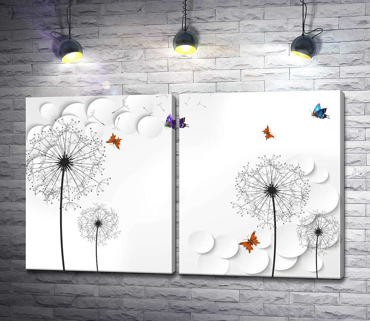 модульная картина Цветные бабочки летят к прозрачным одуванчикам