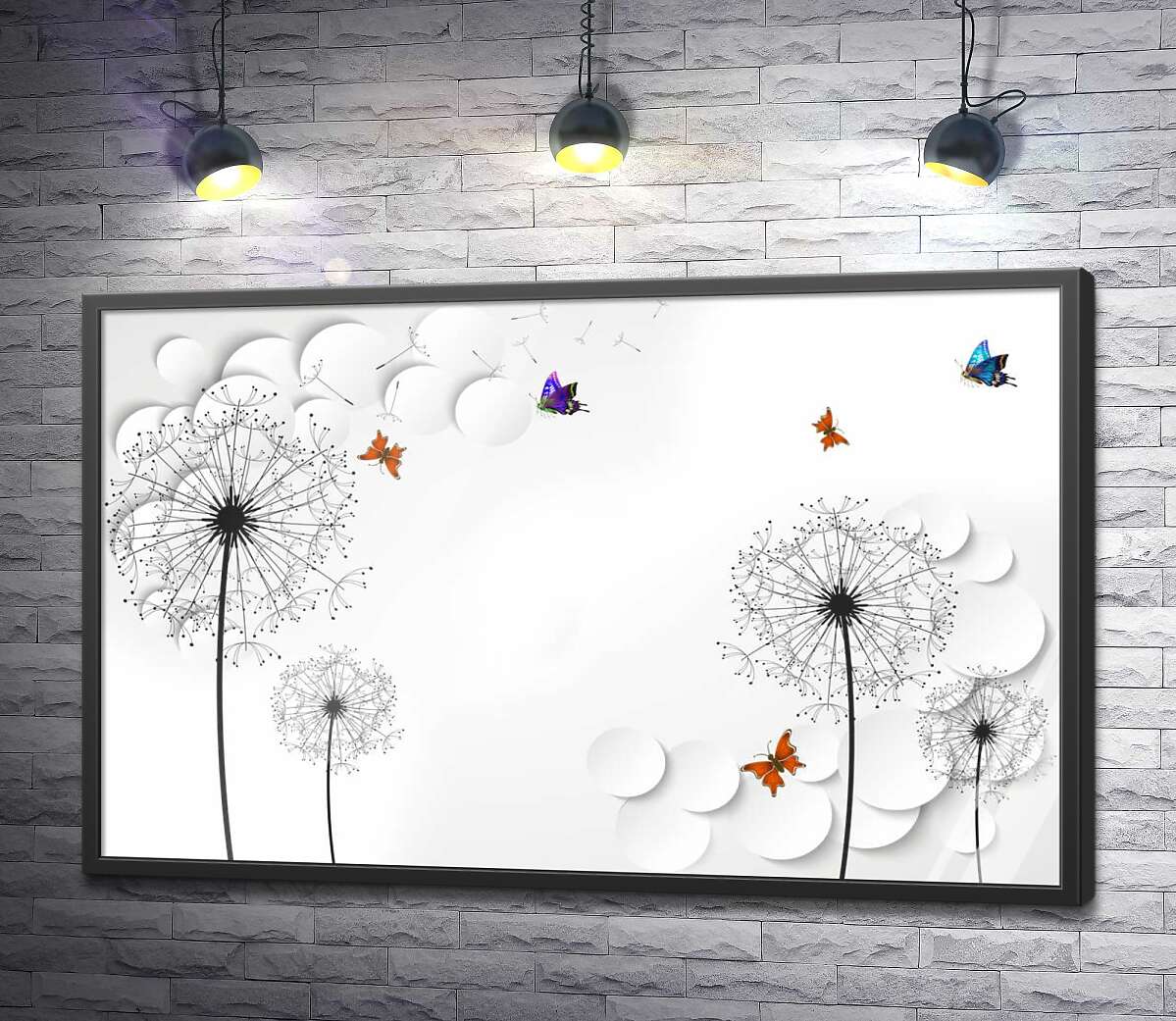 постер Цветные бабочки летят к прозрачным одуванчикам