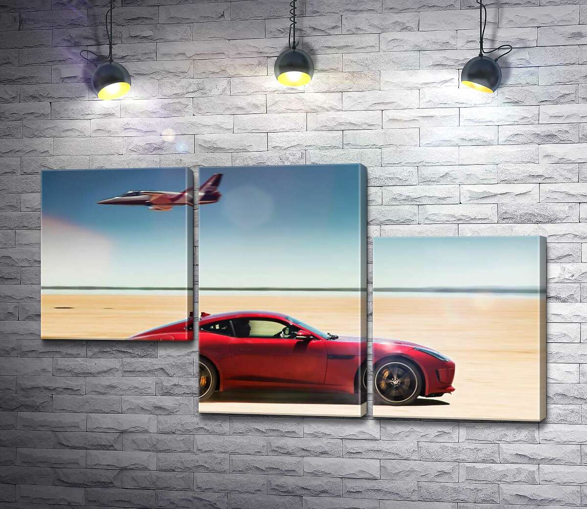 модульна картина Червоний автомобіль Jaguar F-Type R розминувся з літаком серед пустелі (Модуль №13)