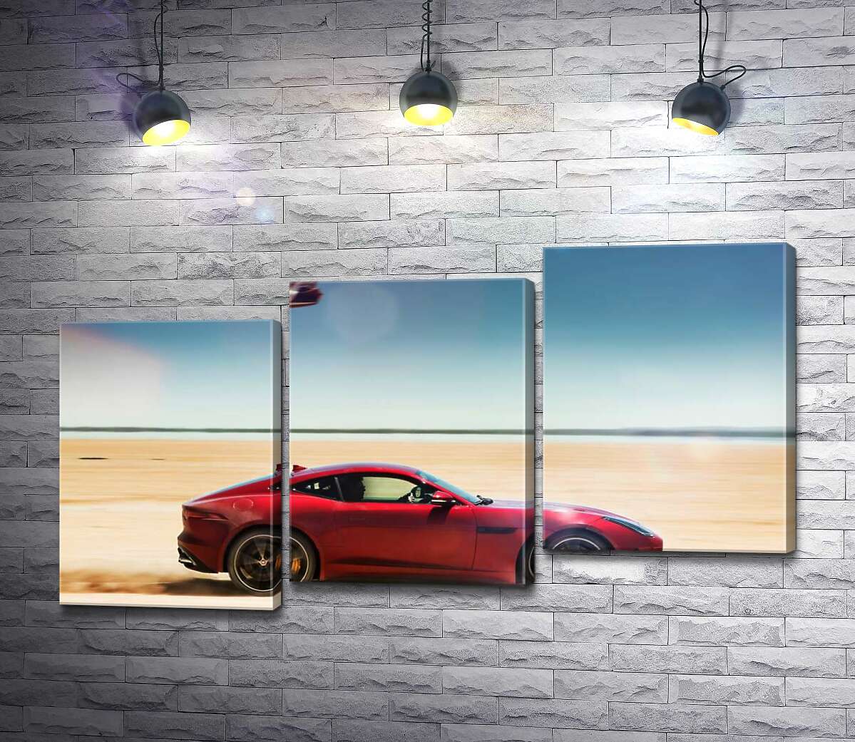 модульна картина Червоний автомобіль Jaguar F-Type R розминувся з літаком серед пустелі (Модуль №14)