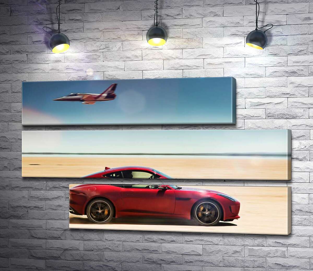 модульна картина Червоний автомобіль Jaguar F-Type R розминувся з літаком серед пустелі (Модуль №16)