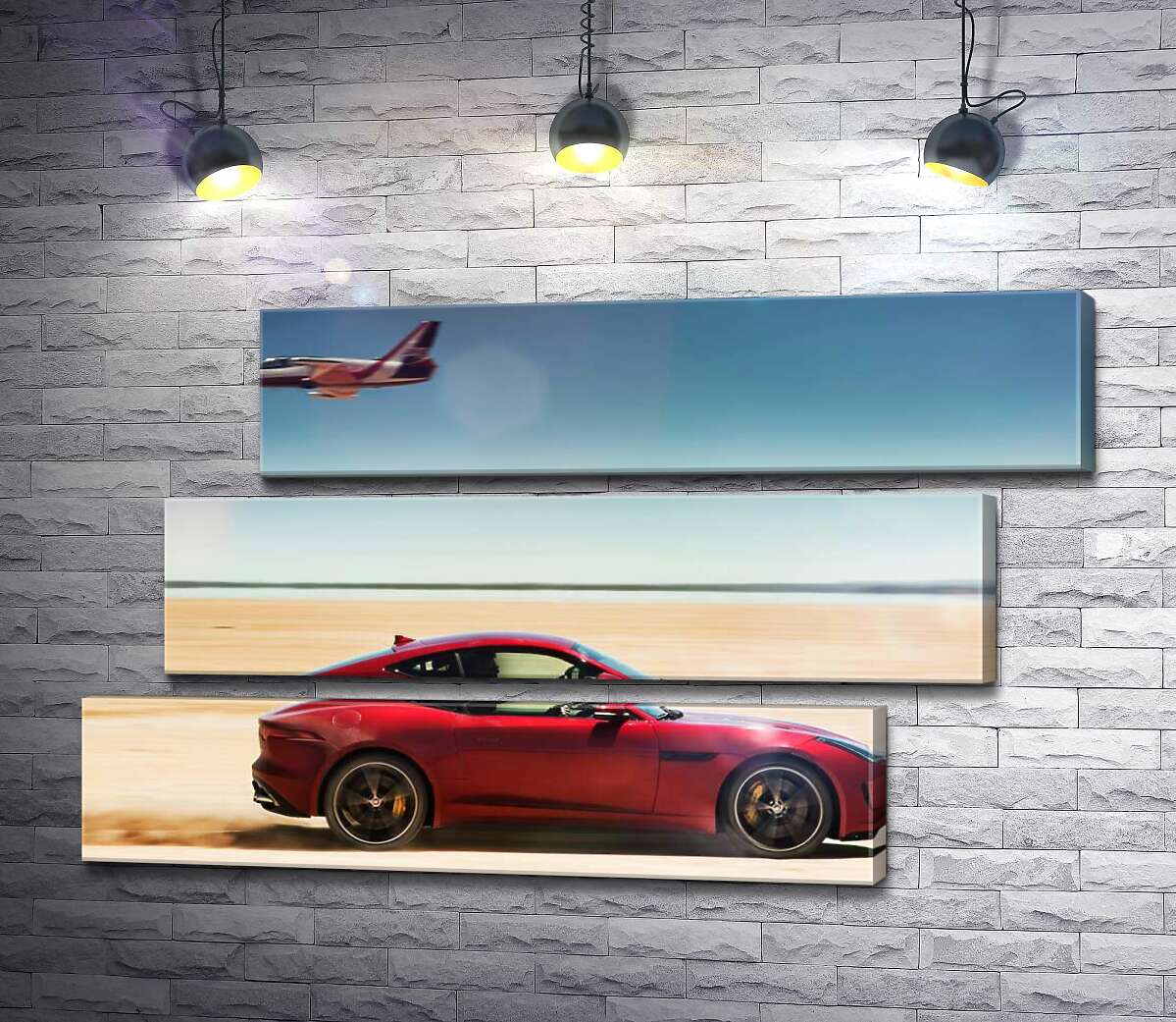 модульная картина Красный автомобиль Jaguar F-Type R разминулся с самолетом среди пустыни (Модуль №17)