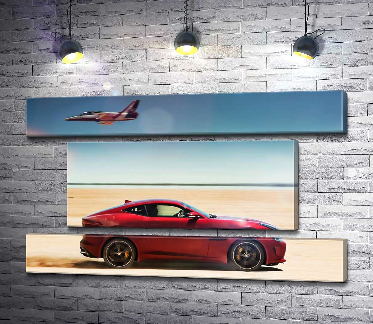 модульна картина Червоний автомобіль Jaguar F-Type R розминувся з літаком серед пустелі (Модуль №18)
